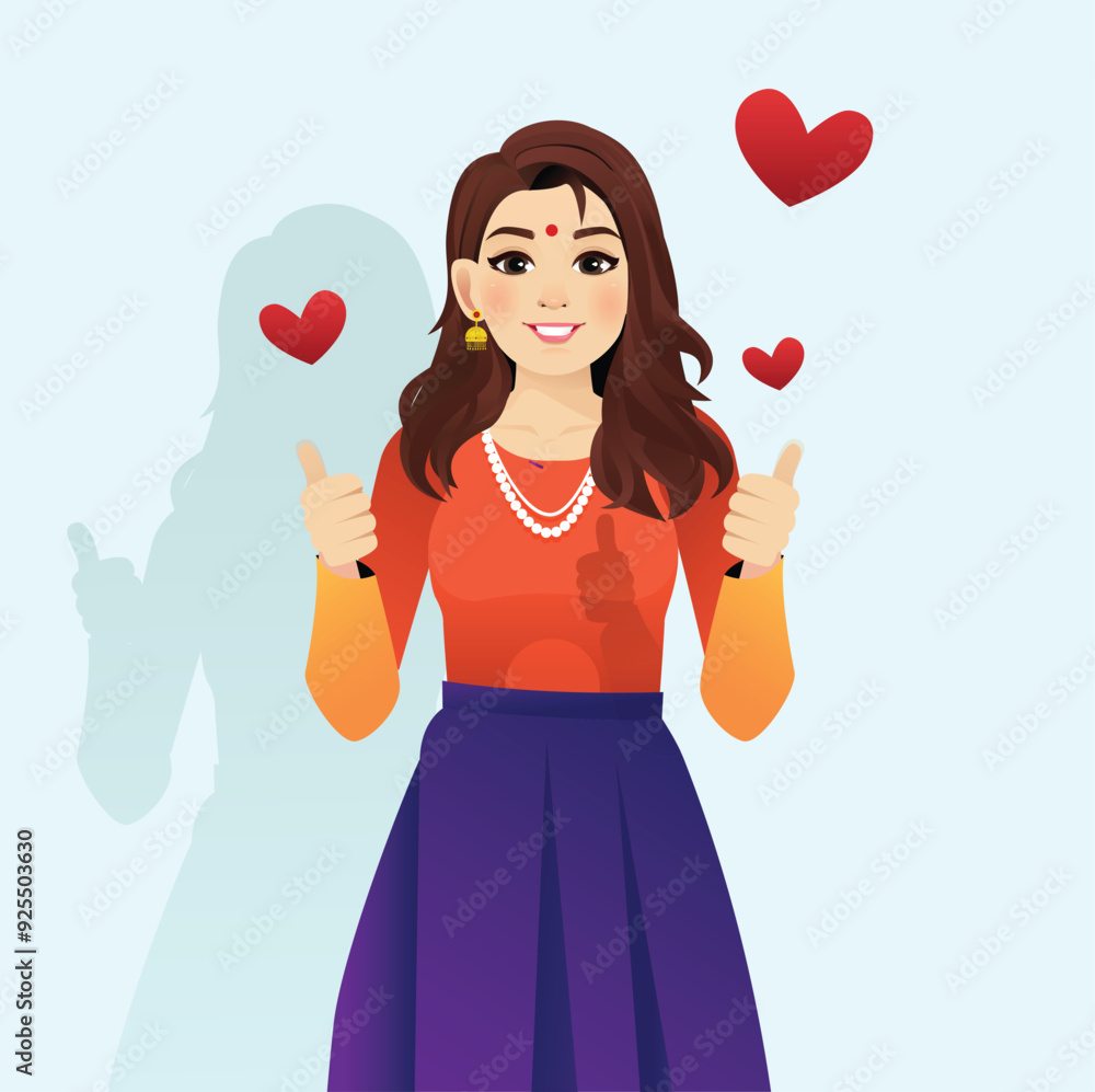 Indian Girl wearing an Indian dress with Red Hearts A girl giving a thumbs-up sign with Hearts in the background Indian Girl wearing an Indian dress with Red Hearts A girl giving a thumbs-up sign with Hearts in the background