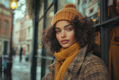 A model wearing sustainable fashion pieces in an urban setting, highlighting eco-friendly clothing and the commitment to sustainable style.