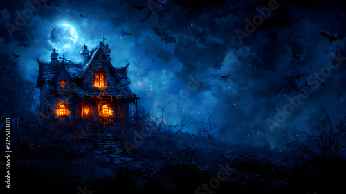 A Halloween card illustration featuring a haunted mansion with glowing windows