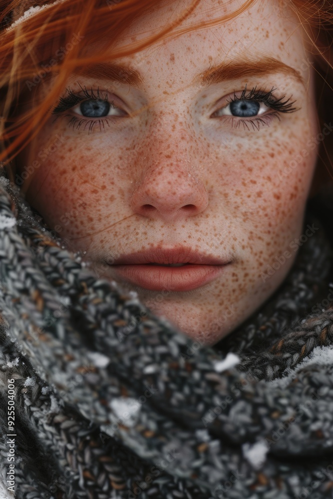redhead freckled woman in snow, face behind wooly scarf, face closeup redhead freckled woman in snow, face behind wooly scarf, face closeup