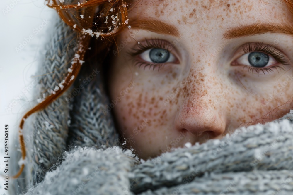 redhead freckled woman in snow, face behind wooly scarf, face closeup redhead freckled woman in snow, face behind wooly scarf, face closeup