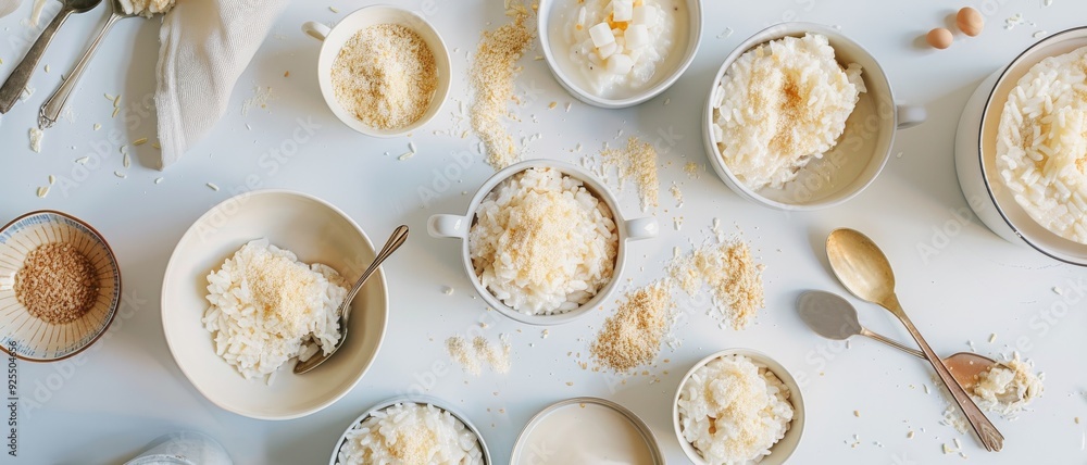 An overhead view of different bowls of rice pudding with various toppings, artistically arranged on a white table. An overhead view of different bowls of rice pudding with various toppings, artistically arranged on a white table.