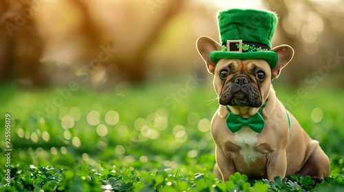 A French bulldog sitting on a field of shamrocks, the dog has a green top hat on his head and a green bow on his neck. Pets for St. Patrick's Day. Copy space. photo