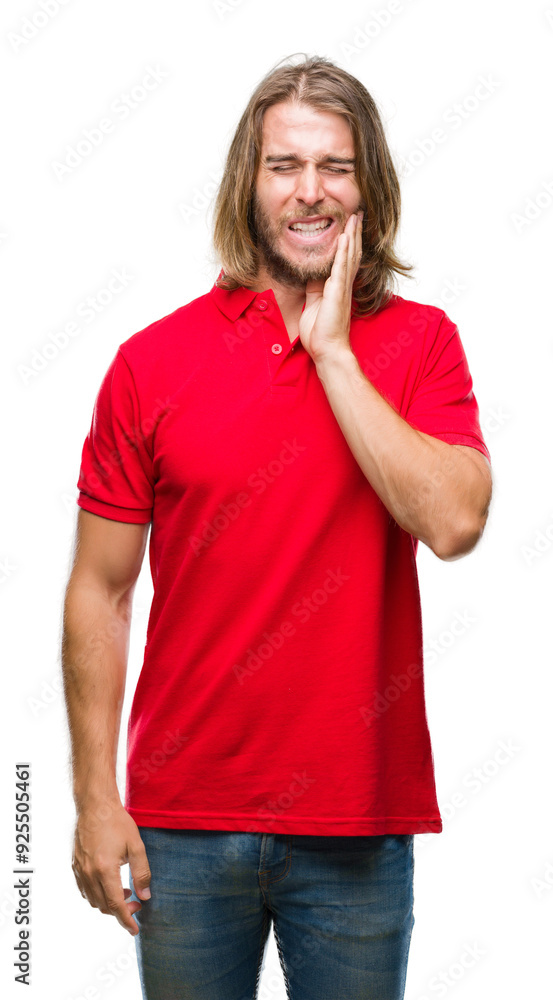 Young handsome man with long hair over isolated background touching mouth with hand with painful expression because of toothache or dental illness on teeth. Dentist concept. Young handsome man with long hair over isolated background touching mouth with hand with painful expression because of toothache or dental illness on teeth. Dentist concept.