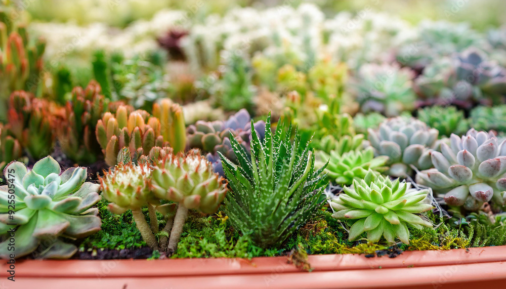 Obraz premium Assortment of different succulents, miniature garden. Eco-friendly living. Beautiful green plants.