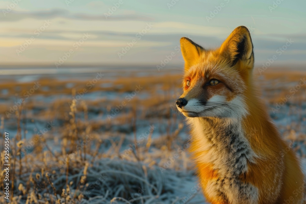 red fox in cold tundra, mournful eyes, set against a warm golden hour backdrop, deserted seashore in background red fox in cold tundra, mournful eyes, set against a warm golden hour backdrop, deserted seashore in background