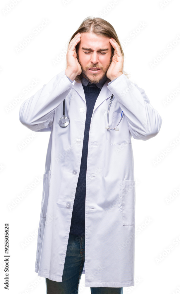 Young handsome doctor man with long hair over isolated background with hand on head for pain in head because stress. Suffering migraine. Young handsome doctor man with long hair over isolated background with hand on head for pain in head because stress. Suffering migraine.