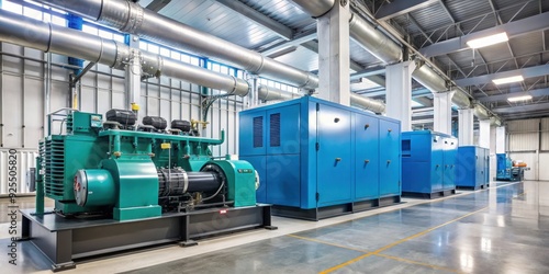 Generator room with two standby diesel generators in a factory setting, backup power, industrial, electricity