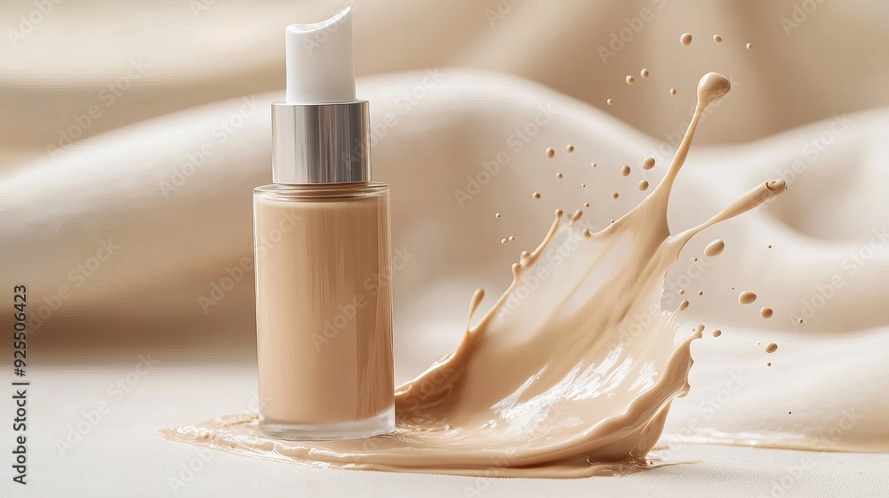 A bottle of liquid foundation concealer, with liquid cream splashing around it A bottle of liquid foundation concealer, with liquid cream splashing around it