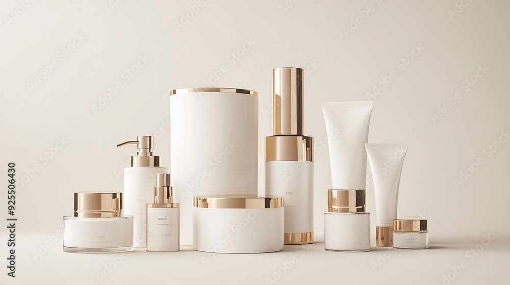 A collection of 3D vector mockups for beauty cosmetic packaging, featuring cream jars, tubes, pump bottles, serum flasks, and liquid soap, all showcasing luxury brands A collection of 3D vector mockups for beauty cosmetic packaging, featuring cream jars, tubes, pump bottles, serum flasks, and liquid soap, all showcasing luxury brands