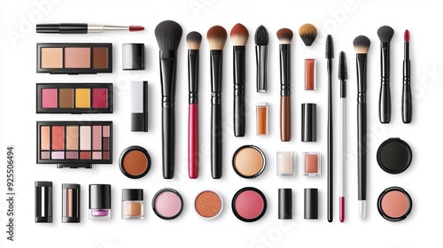 Comprehensive makeup set, realistic cosmetic products eye shadow, powder, blush, eyeliner, concealer, lipstick, lip gloss, foundation, nail polish, mascara, and brushes, isolated on white background photo