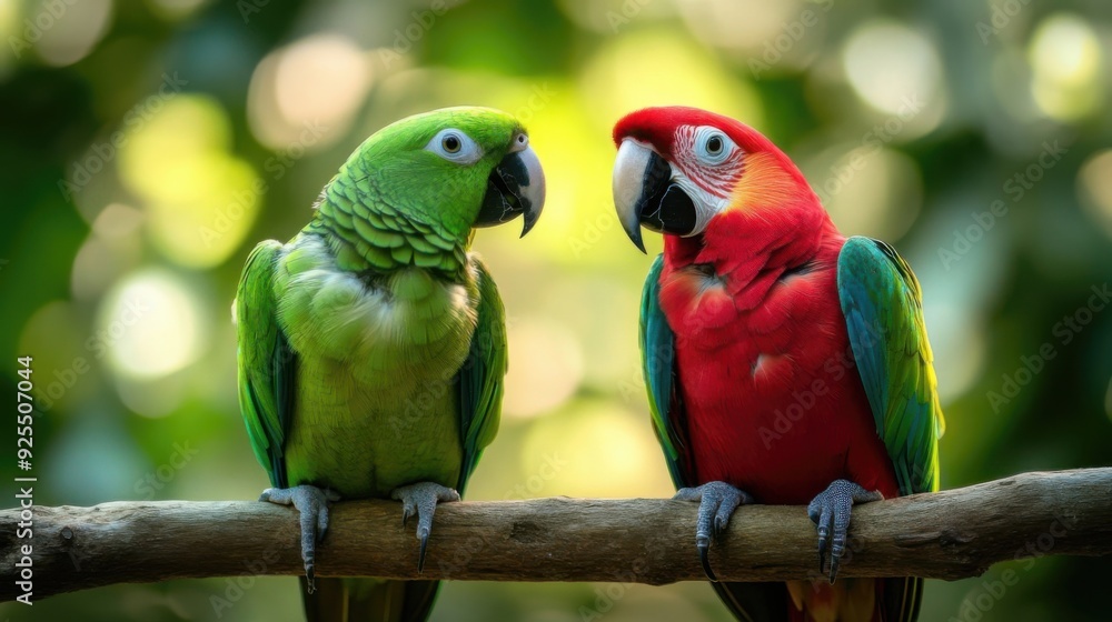 Obraz premium A green parrot and a red parrot perched on a branch with a blurred green background.