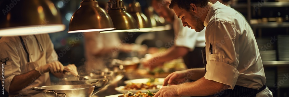 Obraz premium A team of chefs working together in a professional kitchen, skillfully preparing and plating gourmet dishes under warm overhead lighting.