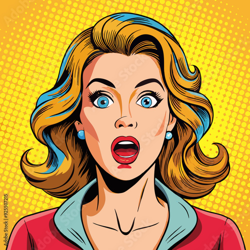 Beautiful stylish surprised woman on a yellow background, vector illustration in pop art style, girl, lady, female, comic