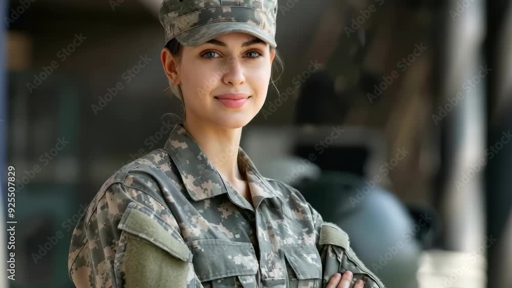 A confident soldier in uniform smiles softly, embodying strength, dedication, and pride while stationed at her military base A confident soldier in uniform smiles softly, embodying strength, dedication, and pride while stationed at her military base