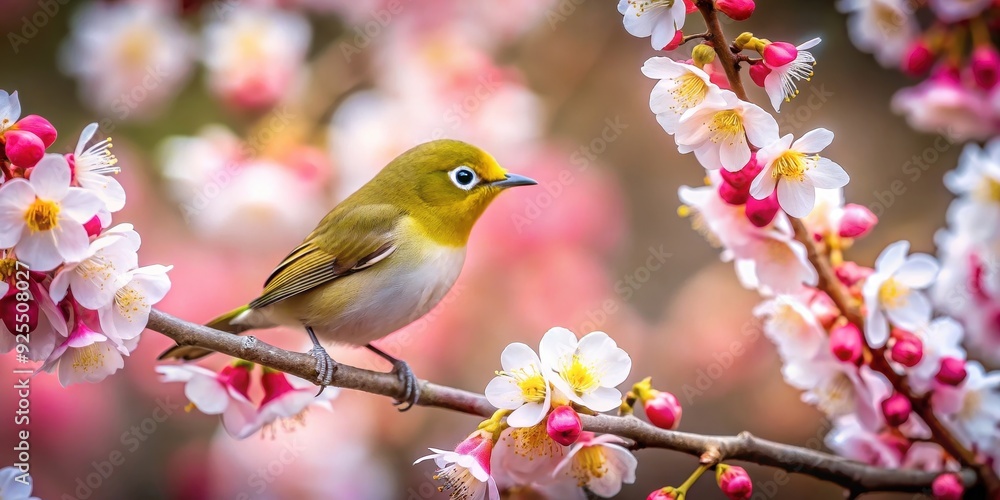 Plum blossoms and Japanese white-eyes in a peaceful garden setting, plum blossoms, Japanese white-eye, birds, spring, garden Plum blossoms and Japanese white-eyes in a peaceful garden setting, plum blossoms, Japanese white-eye, birds, spring, garden