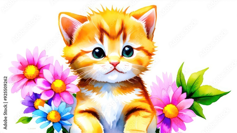 Little ginger kitten with flowers in its paws, space for text Little ginger kitten with flowers in its paws, space for text