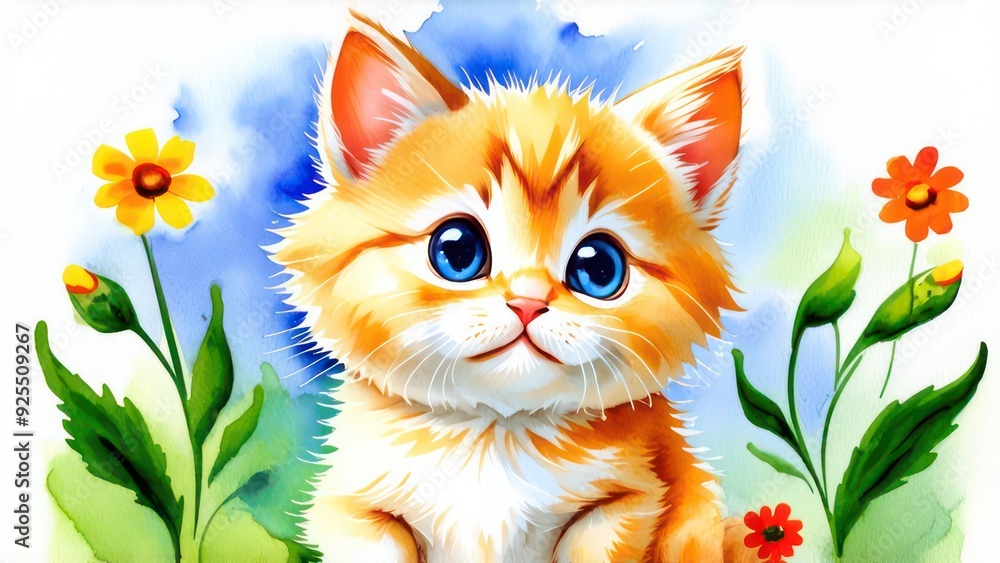 Little ginger kitten with flowers in its paws, space for text Little ginger kitten with flowers in its paws, space for text