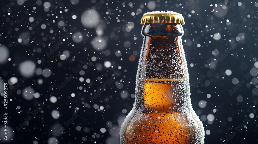 Lots of white frost on a beer bottle on a clean black background. Lots of white frost on a beer bottle on a clean black background.