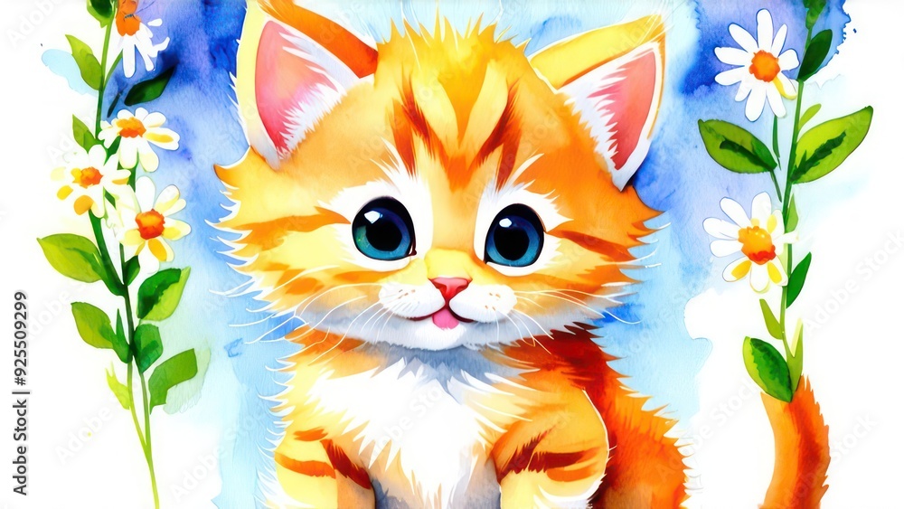 Little ginger kitten with flowers in its paws, space for text Little ginger kitten with flowers in its paws, space for text