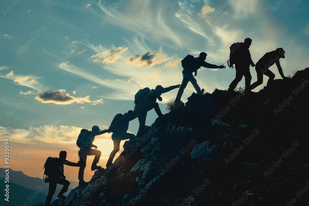 Obraz premium Silhouette of a diverse team helping each other to climb to the top of a mountain, representing success and teamwork in business.