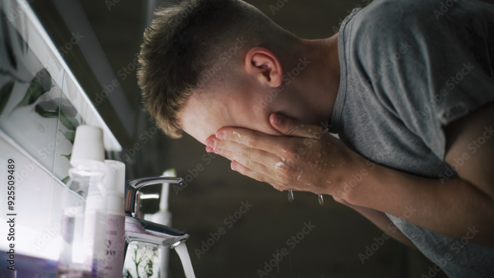 Caucasian boy comes to sink in bathroom, washes face with cold water and looks at his reflection in the mirror. Teenager stands in front of basin and makes morning bathroom routine. Lifestyle concept. Caucasian boy comes to sink in bathroom, washes face with cold water and looks at his reflection in the mirror. Teenager stands in front of basin and makes morning bathroom routine. Lifestyle concept.