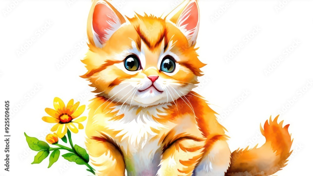 Little ginger kitten with flowers in its paws, space for text Little ginger kitten with flowers in its paws, space for text