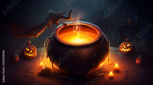 A Halloween card with a cauldron bubbling over a fire