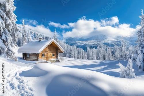 A cozy wooden cabin nestled in a snow-covered mountain landscape under a bright blue sky.