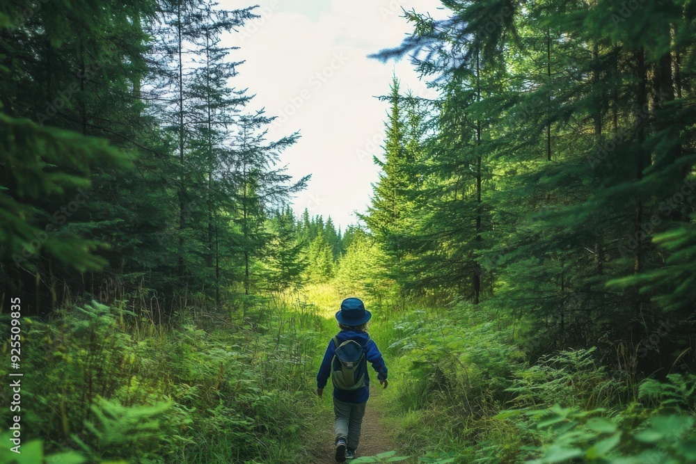 A young child walks along a path through a lush, green forest, wearing a blue jacket and hat, carrying a backpack. A young child walks along a path through a lush, green forest, wearing a blue jacket and hat, carrying a backpack.