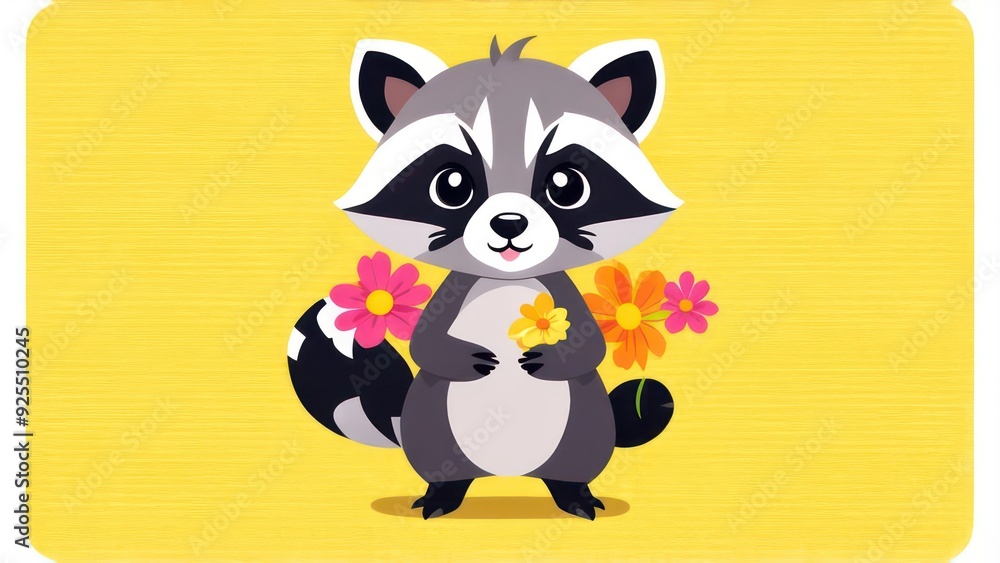 Little raccoon with flowers in its paws, space for text Little raccoon with flowers in its paws, space for text