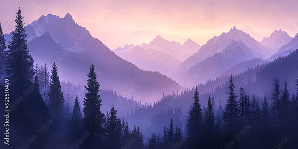 Obraz premium Serene Landscape with Lush Forest, Majestic Mountains, and Foggy Valley