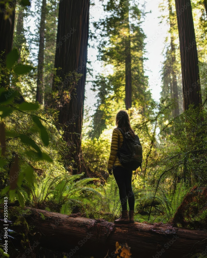A hiker explores a lush forest with tall trees, bathed in sunlight with a serene atmosphere. A hiker explores a lush forest with tall trees, bathed in sunlight with a serene atmosphere.