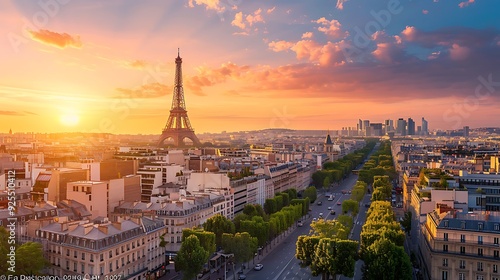 A picturesque sunset view of the Eiffel Tower and Paris skyline, with the sun setting behind the iconic landmark and casting a warm glow over the city. photo