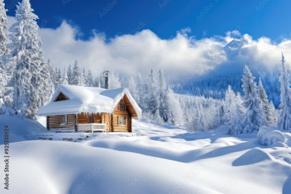 Naklejka premium A cozy log cabin is nestled in a snowy forest with pine trees and a mountain in the background under a clear blue sky.