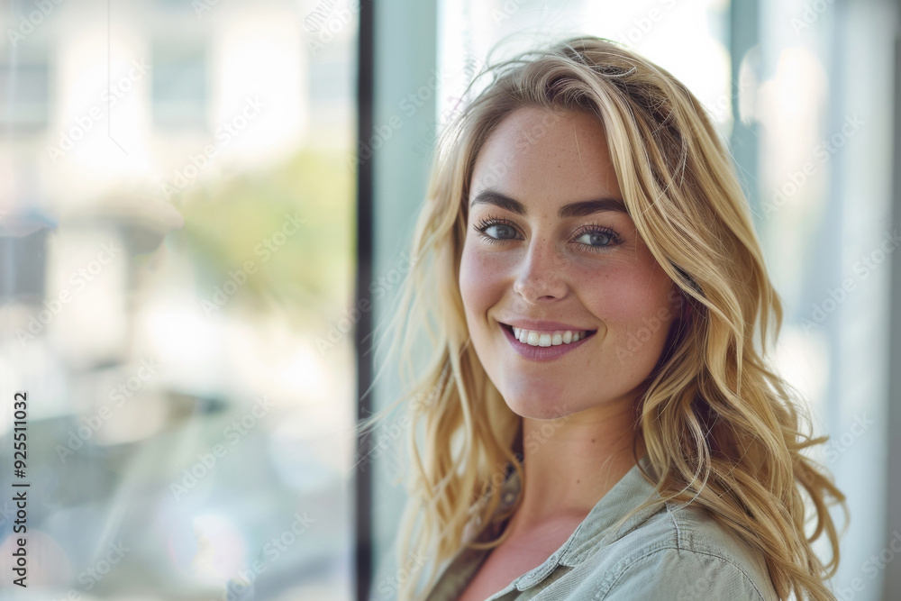 Close-up portrait of a smiling blonde businesswoman in casual attire standing by a window with a blurred background, high-detail image with cinematic lighting and ample copy space for concept banners. Close-up portrait of a smiling blonde businesswoman in casual attire standing by a window with a blurred background, high-detail image with cinematic lighting and ample copy space for concept banners.