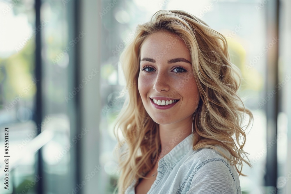 Close-up portrait of a smiling blonde businesswoman in casual attire standing by a window with a blurred background, high-detail image with cinematic lighting and ample copy space for concept banners. Close-up portrait of a smiling blonde businesswoman in casual attire standing by a window with a blurred background, high-detail image with cinematic lighting and ample copy space for concept banners.