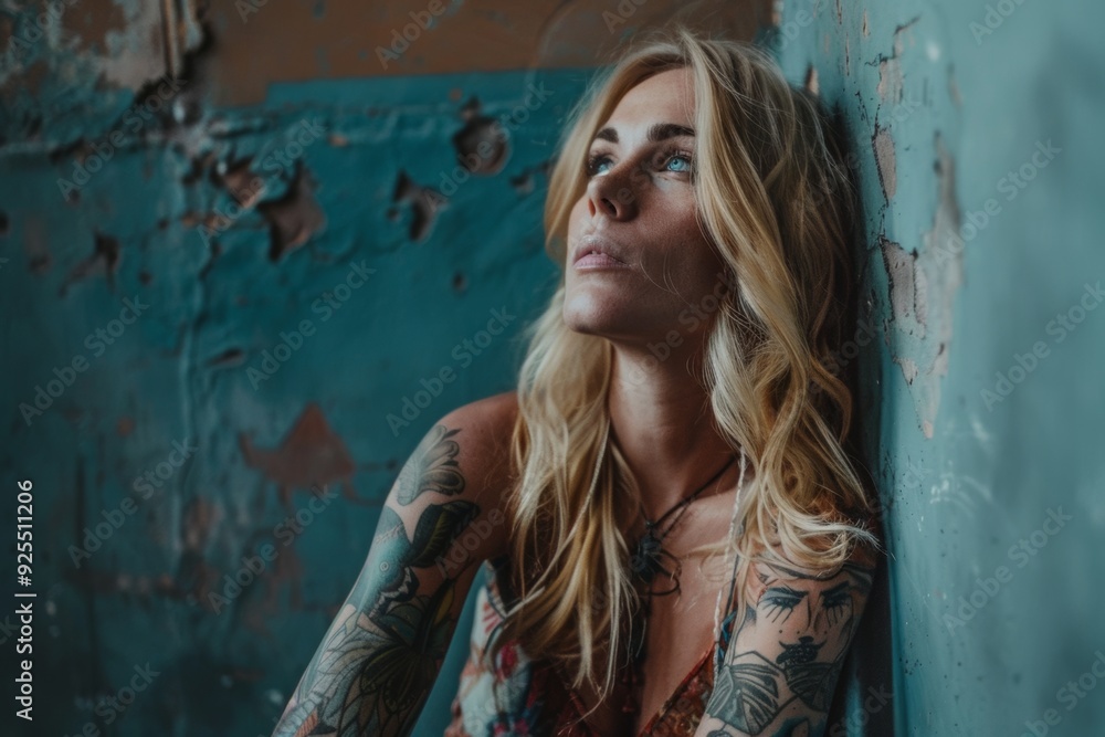 woman with a rude appearance, long mesy blond hair, in bohemian style clothing, eyes blue, tattoos in arms woman with a rude appearance, long mesy blond hair, in bohemian style clothing, eyes blue, tattoos in arms