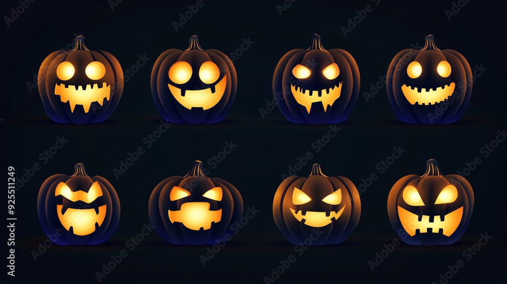 Set of Glowing Jack-o'-Lanterns with Various Spooky Faces on Black Background Set of Glowing Jack-o'-Lanterns with Various Spooky Faces on Black Background