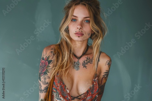 woman with a rude appearance, long mesy blond hair, in bohemian style clothing, eyes blue, tattoos in arms photo