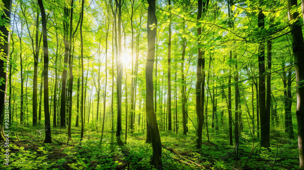 Panoramic view of a vibrant spring forest with sunlight filtering through tall tree trunks and green foliage, showcasing a serene natural landscape. Panoramic view of a vibrant spring forest with sunlight filtering through tall tree trunks and green foliage, showcasing a serene natural landscape.