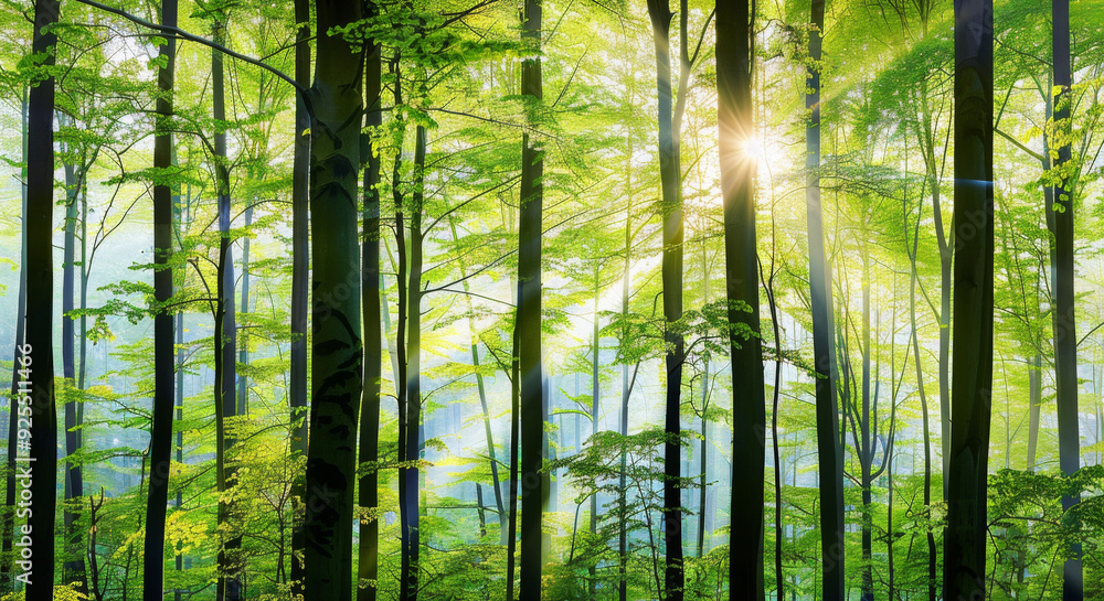 Fototapeta premium Panoramic view of a vibrant spring forest with sunlight filtering through tall tree trunks and green foliage, showcasing a serene natural landscape.