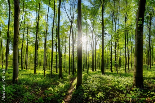 Panoramic view of a vibrant spring forest with sunlight filtering through tall tree trunks and green foliage, showcasing a serene natural landscape.