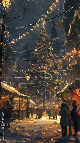 The night at a Christmas fair is illuminated by a giant tree, with stalls offering seasonal decorations and hot drinks, setting a vibrant and cozy holiday scene