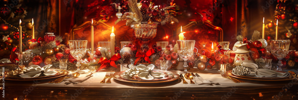 The Christmas table setting, with its traditional red hues and vintage plates, is complemented by elegant decorations, offering a timeless and cheerful holiday dining experience, banner The Christmas table setting, with its traditional red hues and vintage plates, is complemented by elegant decorations, offering a timeless and cheerful holiday dining experience, banner