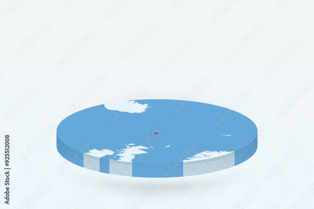 3D Isometric Map Highlighting Faroe Islands in Red. 3D Isometric Map Highlighting Faroe Islands in Red.