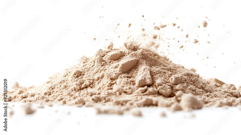 A pile of beige powder with some particles flying off on a white background. A pile of beige powder with some particles flying off on a white background.