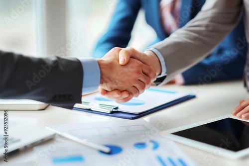 Close-up view of business people shaking hands over a table with documents and digital tablet, symbolizing successful collaboration and professional agreement.