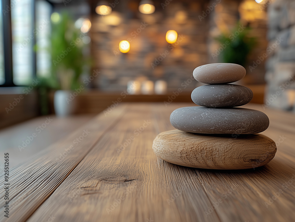 A stack of smooth stones on a wooden table in a serene indoor space with soft lighting A stack of smooth stones on a wooden table in a serene indoor space with soft lighting