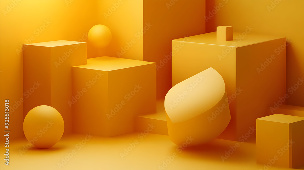 Abstract yellow geometric shapes with spheres and cubes in a 3d rendering. Abstract yellow geometric shapes with spheres and cubes in a 3d rendering.